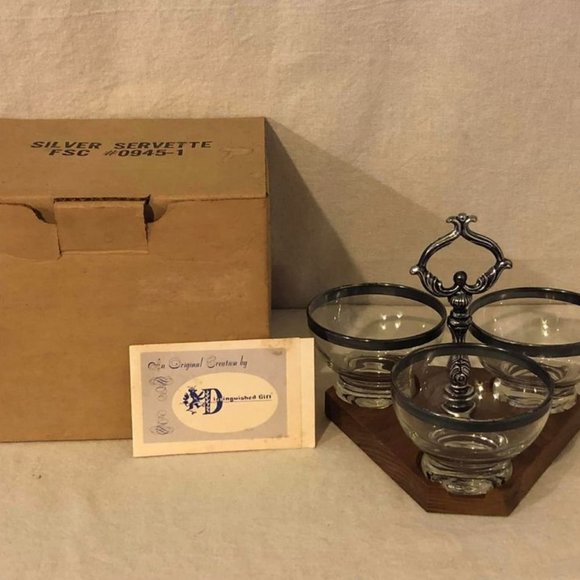 Vintage Distinguished Gifts MCM Silver Rimmed Glass/Wood Condiment Caddy Holder - Picture 10 of 10